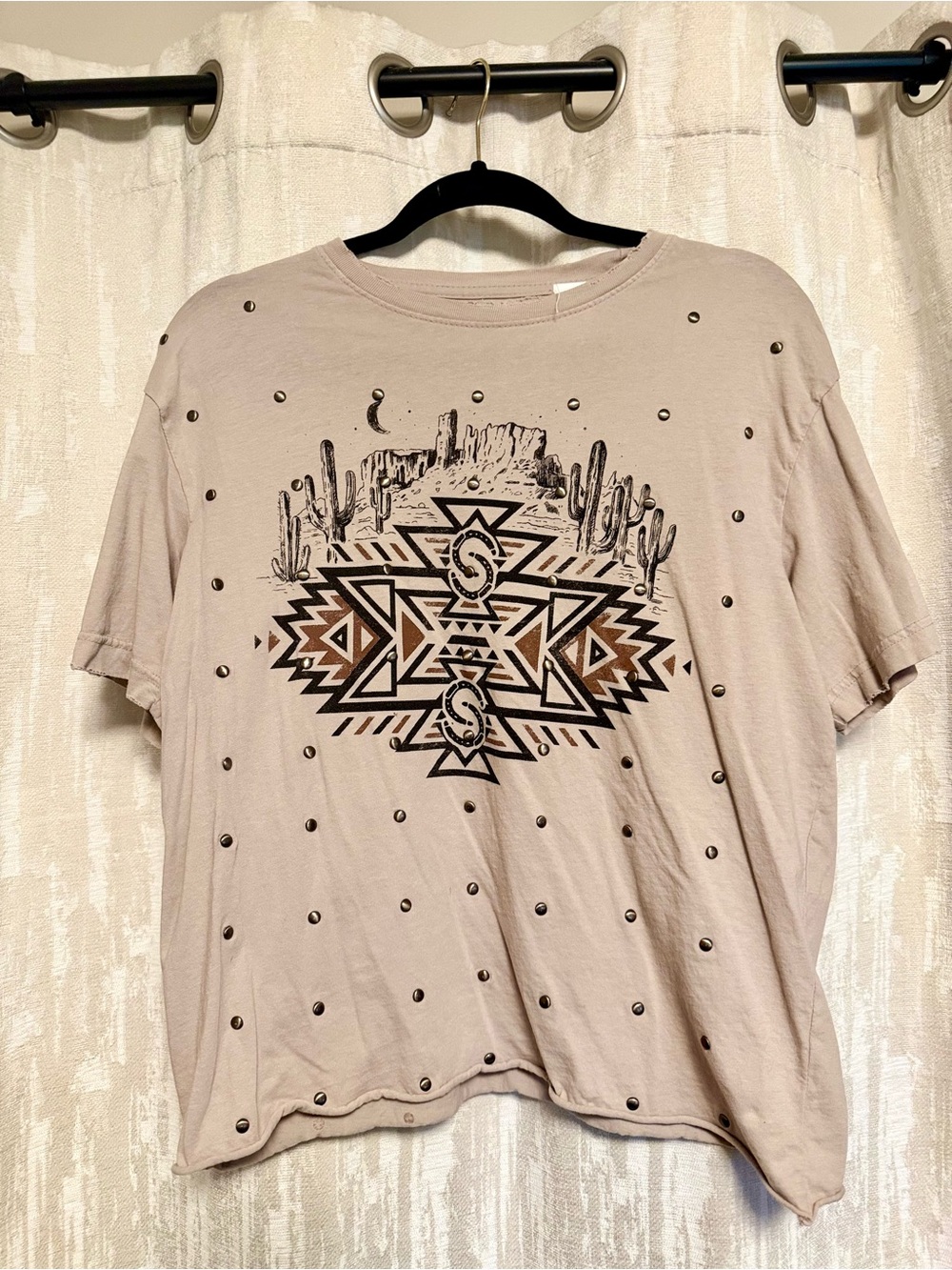 Beige Southwestern Graphic Studded Tee